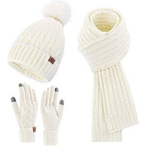 Women’s White Winter Beanie Hat Scarf & Touchscreen Gloves 3-in-1 Gift